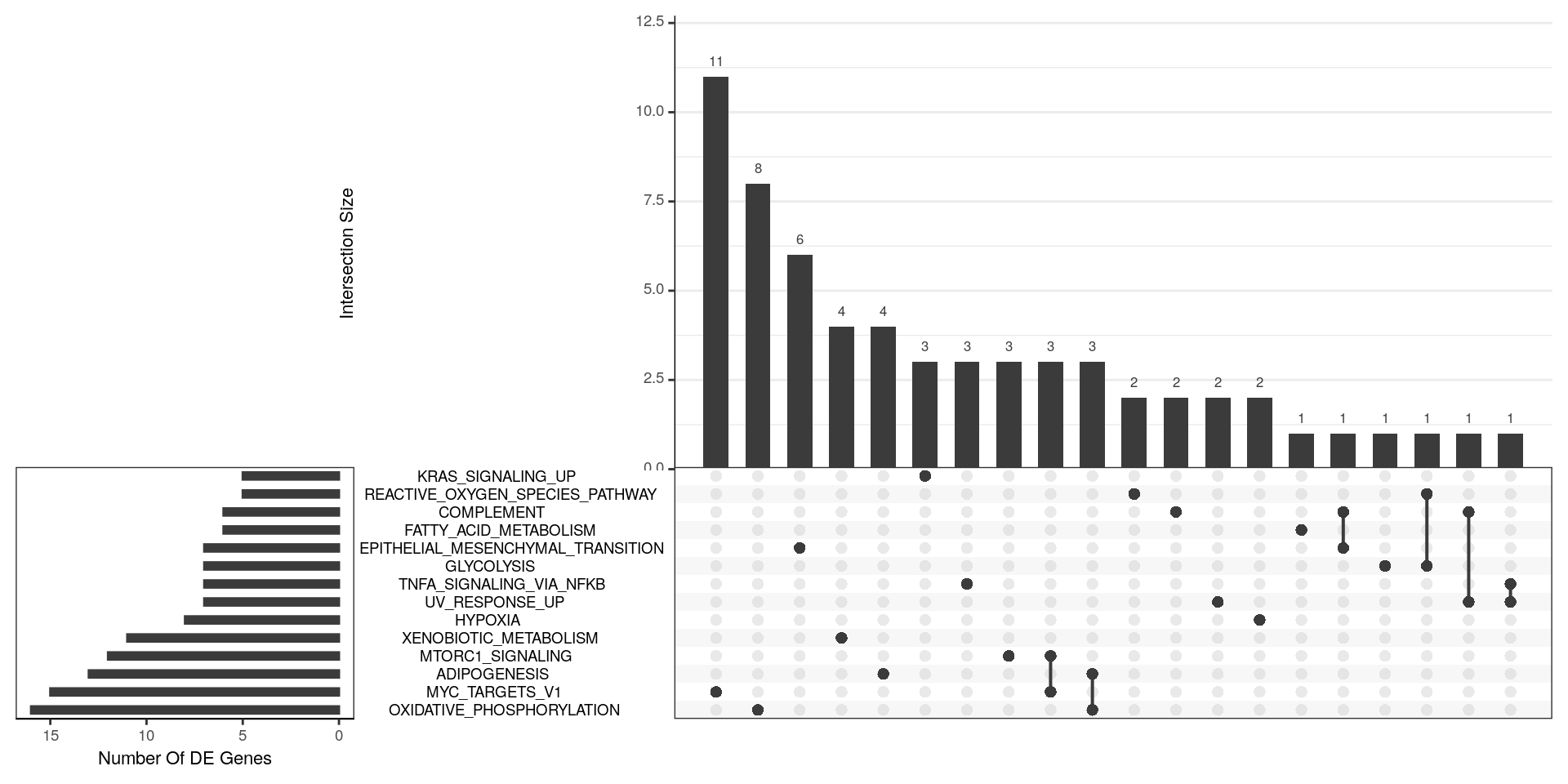 *UpSet plot indicating distribution of DE genes within all significant HALLMARK gene sets. Gene sets were restricted to those with an FDR < 0.05 and at least 5 DE genes. The plot is truncated at the right for simplicity. Most gene sets seem relatively independent of each other with regard to DE genes.*